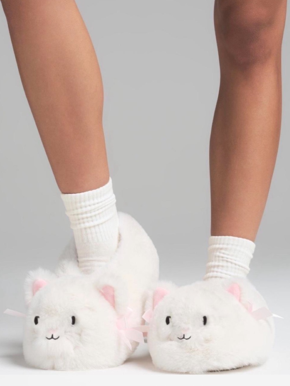 SKIMS Cream Plush Cat Slippers with Pink Ribbon Ears